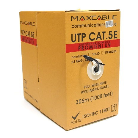 Kabel UTP Maxcable, kat.5e, drut, 305m, zewnętrzny odporny na UV